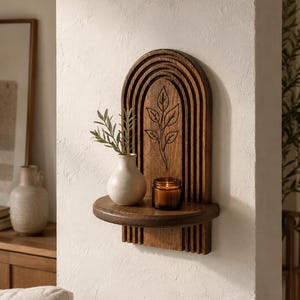 Peut inclure: Une étagère murale en bois foncé avec un design en arche à plusieurs niveaux et un motif de feuille gravé. L'étagère supporte un petit vase en céramique claire contenant un brin vert et une bougie en pot de verre avec une mèche allumée.
