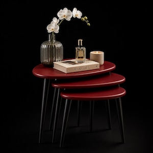 Burgundy Nesting Table Set of 3, MDF Top Black Beech Wood Legs, Luxury Modern Side Table, Living Room Sofa Table Set