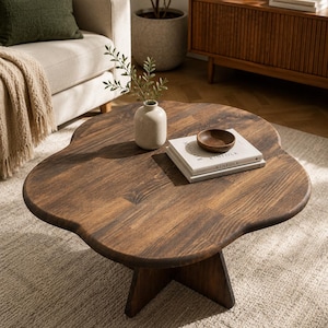 Könnte beinhalten: Ein dunkelbrauner Couchtisch aus Holz mit einer markanten blumenförmigen Tischplatte und einem stabilen Kreuzfuß. Die Oberfläche weist eine sichtbare Holzmaserung und glatte, abgerundete Kanten auf und bietet eine stabile Ablagefläche.