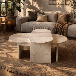 Peut inclure: Une table basse moderne en pierre de couleur claire, avec une surface ovale et deux surfaces circulaires. La table est pos&eacute;e sur un tapis tiss&eacute; dans une pi&egrave;ce avec un canap&eacute; aux tons neutres, des coussins et des plantes. La pi&egrave;ce est baign&eacute;e de lumi&egrave;re naturelle.