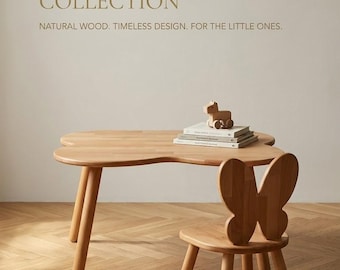 Massief beukenhouten kindertafel en stoelenset, montessori peutertafel vlinderstoel, natuurlijke houten kindermeubelset