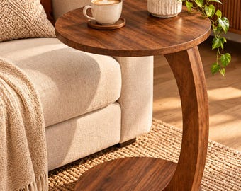 C Shaped Side Table with Wheels, Walnut Rolling Sofa End Table, Modern Round Couch Table, Small Space Living Room Furniture