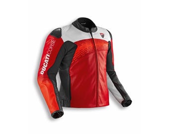 Chaqueta de moto Ducati Corse C7 de cuero perforado – Rojo, negro y blanco.