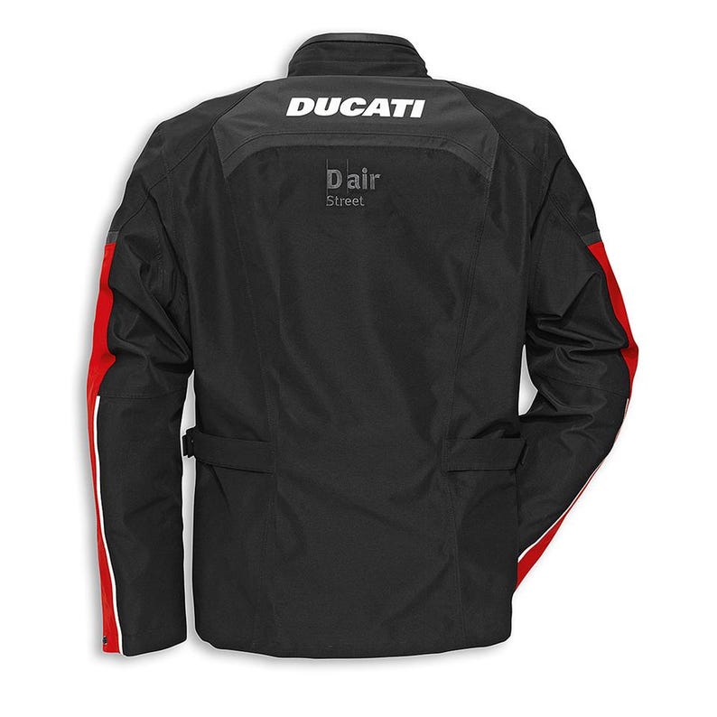 May include: A black motorcycle jacket with red and white accents on the sleeves. The back features the white text DUCATI at the top and the grey text D-air Street below it. The jacket has a high collar and adjustable side waist straps.