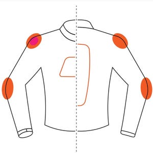 May include: Illustration of a white long-sleeved shirt with orange and pink highlights on the elbows and shoulders. A vertical dashed line divides the image, and an orange shape is on the back.