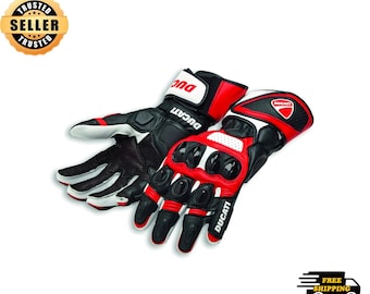 Guantes de moto de cuero Ducati Corse, diseño de carreras en rojo, negro y blanco.