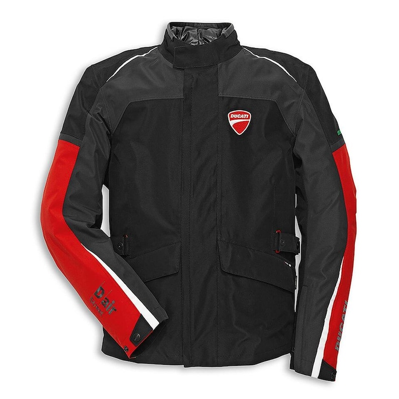 May include: A black motorcycle jacket featuring red panels on the sleeves, a high collar, and a front zipper closure. The Ducati logo is displayed on the left chest, while the word D-air is printed on the right sleeve and Ducati on the left.