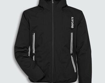 black Ducati City Rain Jacket featuring water-resistant polyester fabric and reflective prints.
