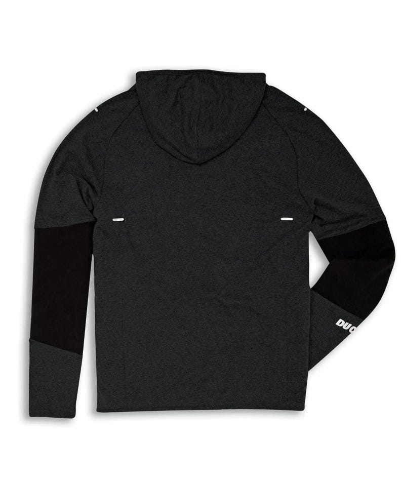 Puede incluir: Sudadera con capucha gris oscuro con capucha y mangas largas. Las mangas tienen paneles negros en la parte inferior de los brazos. Rayas blancas en los hombros y la espalda. La palabra "DUC" est&aacute; impresa en la manga derecha.