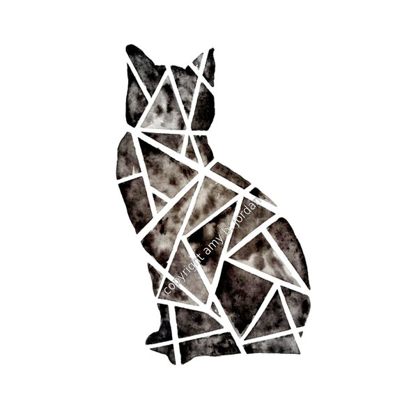 Geometric Black Cat Watercolor / geometric cat / black cat / halloween decor /halloween art / halloween cat / cat art