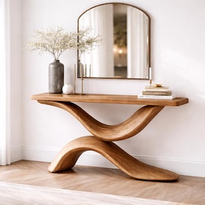 Solid Wood Console Table – Sculptural Wave Base Entryway Table