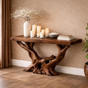 Handcrafted Walnut Console Table – Luxury Solid Wood Root Base Entryway Table