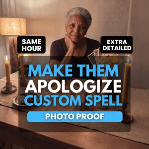 Op de afbeelding: Een persoon houdt tarotkaarten vast aan een tafel met brandende kaarsen. Tekstoverlays lezen: SAME HOUR, EXTRA DETAILED, MAKE THEM APOLOGIZE CUSTOM SPELL en PHOTO PROOF. De scène is zwak verlicht door een lamp en kaarsen op de tafel.