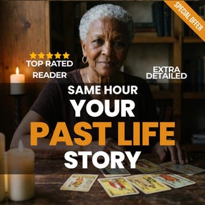 Op de afbeelding: Een oudere vrouw met grijs haar glimlacht, zittend aan een houten tafel. Er liggen tarotkaarten voor haar. De tekst op de afbeelding luidt: "Same Hour Your Past Life Story" en "Top Rated Reader".