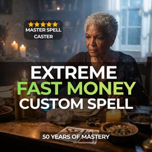 Op de afbeelding: Een afbeelding met een oudere vrouw met grijs haar, zittend aan een houten tafel. De tekst luidt "EXTREME FAST MONEY CUSTOM SPELL". De afbeelding bevat ook de tekst "MASTER SPELL CASTER" en "50 YEARS OF MASTERY".