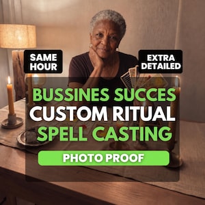 May include: A person with short gray hair sits at a table with tarot cards and lit candles. Text overlays read: SAME HOUR, EXTRA DETAILED, BUSSINES SUCCES CUSTOM RITUAL SPELL CASTING, and PHOTO PROOF. The scene is dimly lit with a warm, ambient glow.
