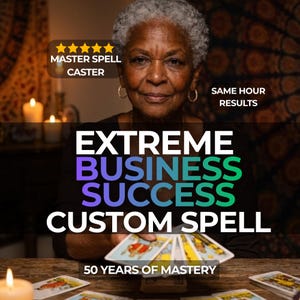 Op de afbeelding: Afbeelding van een oudere vrouw met tarotkaarten. Tekst overlay: "EXTREME BUSINESS SUCCESS CUSTOM SPELL" en "MASTER SPELL CASTER". Verdere tekst: "SAME HOUR RESULTS" en "50 YEARS OF MASTERY".