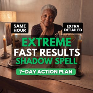 Puede incluir: Una persona de pelo gris corto sentada a una mesa de madera con cartas del tarot y velas encendidas. El texto superpuesto dice: SAME HOUR, EXTRA DETAILED, EXTREME FAST RESULTS SHADOW SPELL y 7-DAY ACTION PLAN. Iluminación cálida y tenue.