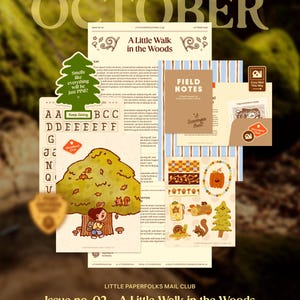 May include: A collection of stationery items titled Little Paperfolks Mail Club Issue no. 02 A Little Walk in the Woods. Includes a pine tree shaped air freshener with text Smells like everything will be just PINE, alphabet stickers, a Field Notes booklet, and illustrated sheets featuring a squirrel, a snail, a pumpkin, and a person standing under a large tree.