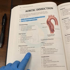 May include: A medical textbook page titled Aortic Dissection featuring a diagram of the aorta with a true and false lumen, alongside text detailing pathophysiology, risk factors, clinical features, classification, and management of the condition.