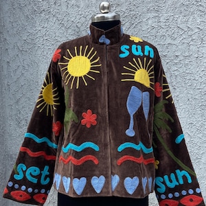Hand Embroidered Suzani Jacket, Boho Chic Brown Velvet with Sun and Hearts, Custom Sizing, Festival Wear