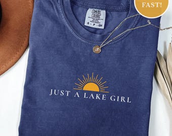Comfort Colors® Just A Lake Girl T-Shirt, Cute Linear Graphic Boho Summer Shirt, Lake House Vacation Gift, Minimalist Lake And Boating Top