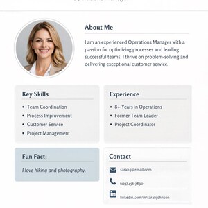 May include: A professional CV template featuring "Sarah Johnson" as an Operations Manager. It includes sections for "About Me," "Key Skills," "Experience," "Fun Fact," and contact details. The design is clean and modern, with a photo of a smiling woman.