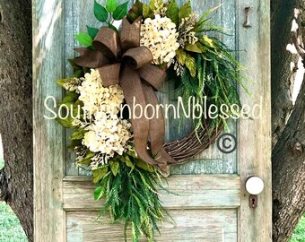 Front Door Wreath With, Spring Hydrangea Wreath, Farmhouse Wreath With Bow, Year Round Door Wreath, French Country, Autumn Decor