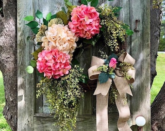 Brand New! Pink Wreath For Front Door, Farmhouse Wreath, With Bow, Hydrangea Wreath, French Country Wreath, Minimalist Boho Decor, Cottage