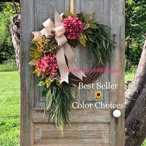 Brand New Farmhouse Wreath, Pink Hydrangea Wreath, All Season Wreath, Spring Wreath, Rustic Home Decor, Summer Wreath, Color Choices image 1