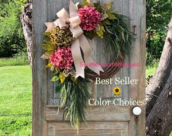 Pink Farmhouse Hydrangea Wreath For Spring And Summer With Color Choices For Front Door, Country Rustic Front Porch Decor For All Seasons