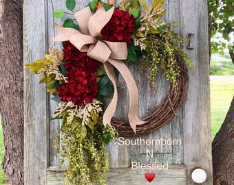 Year Round Wreath With Color Choices, Spring Farmhouse Wreath With Bow, Red Hydrangea Wreath, All Season Door Wreath, French Country Decor