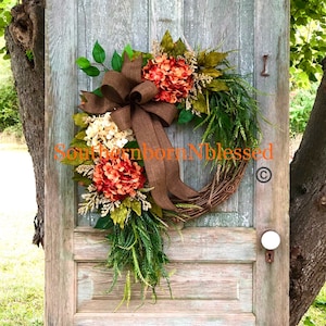 Fall Hydrangea Wreath For Front Door With Bow, Autumn Decor, Front Door Wreath, Orange Fall Wreath, Farmhouse Wreath