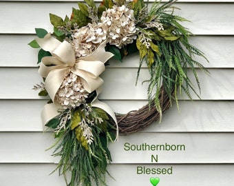 French Country Wreath With Color Choices, Shabby Chic, Fall Wreath, Year Round Door Wreath, Country Home Decor, Cream Hydrangea Wreath, Boho