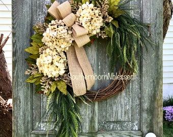 Brand New! Farmhouse Wreath, Cream Hydrangea Wreath, All Season Wreath, Spring Wreath, Rustic Home Decor, Summer Wreath