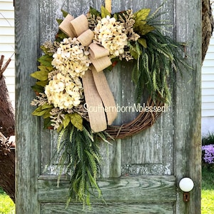Wreath For Front Door Year Round, With Color Choices, Farmhouse Wreath With Bow, Hydrangea Fall Wreath, Cream Wreath, Front Porch Decor