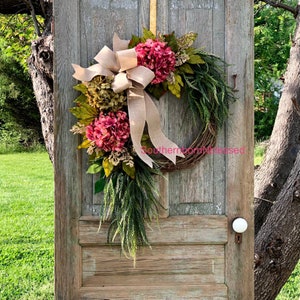 Brand New Farmhouse Wreath, Pink Hydrangea Wreath, All Season Wreath, Spring Wreath, Rustic Home Decor, Summer Wreath, Color Choices image 4