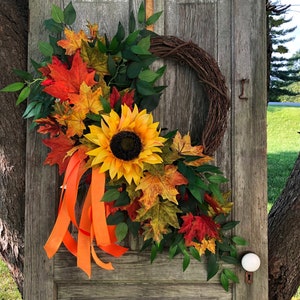 Fall Sunflower Wreath for front Door, Wreath With Fall Leaves, Autumn Decor, Shabby Chic, Farmhouse Wreath For Fall, Yellow Wreath