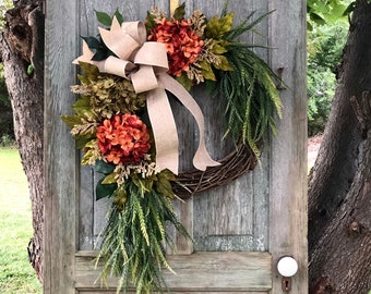 Fall Door Wreath With Color Choices, Farmhouse Wreath, Greenery Wreath, All Season Wreaths For Front Door, Hydrangea Wreath With Bow