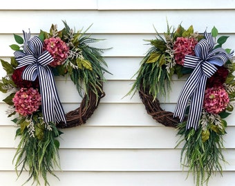 Double Door Wreath With Color Choices, Farmhouse Wreath With Bow, Hydrangea Wreath For All Seasons, Year Round Door Wreath, French Country