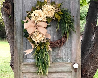 Wreath For All Seasons, Farmhouse Wreath, Cream Hydrangea Wreath, Rustic Home Decor, Year Round Door Wreath, Fall Wreath