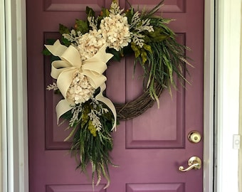 Farmhouse Wreath With Color Choices, Fall Wreath, Year Round Door Wreath, Rustic Home Decor, Cream Hydrangea Wreath, Spring Summer Wreath