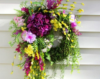 door wreath spring summer, purple hydrangea wreath, Rustic wreath, front door wreath, modern country decor, cottage decor, farmhouse wreath