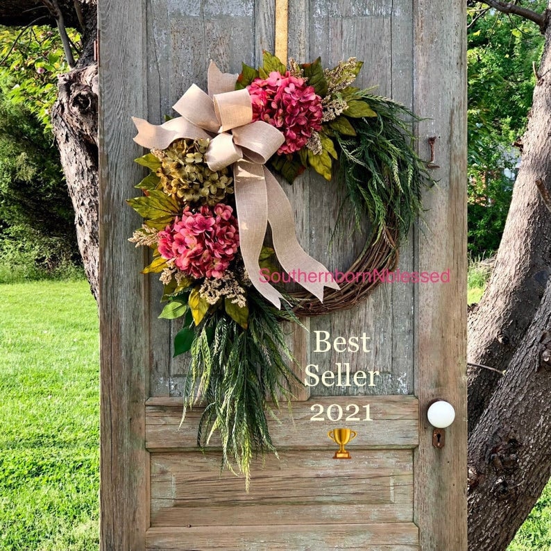 Brand New Farmhouse Wreath, Pink Hydrangea Wreath, All Season Wreath, Spring Wreath, Rustic Home Decor, Summer Wreath, Color Choices image 8