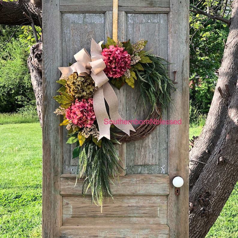 Brand New Farmhouse Wreath, Pink Hydrangea Wreath, All Season Wreath, Spring Wreath, Rustic Home Decor, Summer Wreath, Color Choices image 5