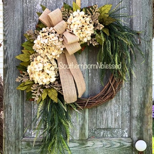 Brand New Farmhouse Wreath, Cream Hydrangea Wreath, All Season Wreath, Spring Wreath, Rustic Home Decor, Summer Wreath image 5