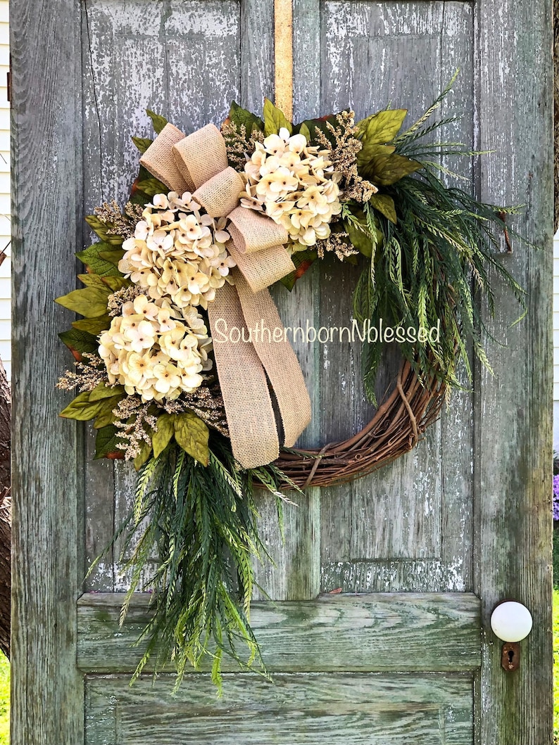 Brand New Farmhouse Wreath, Cream Hydrangea Wreath, All Season Wreath, Spring Wreath, Rustic Home Decor, Summer Wreath image 5