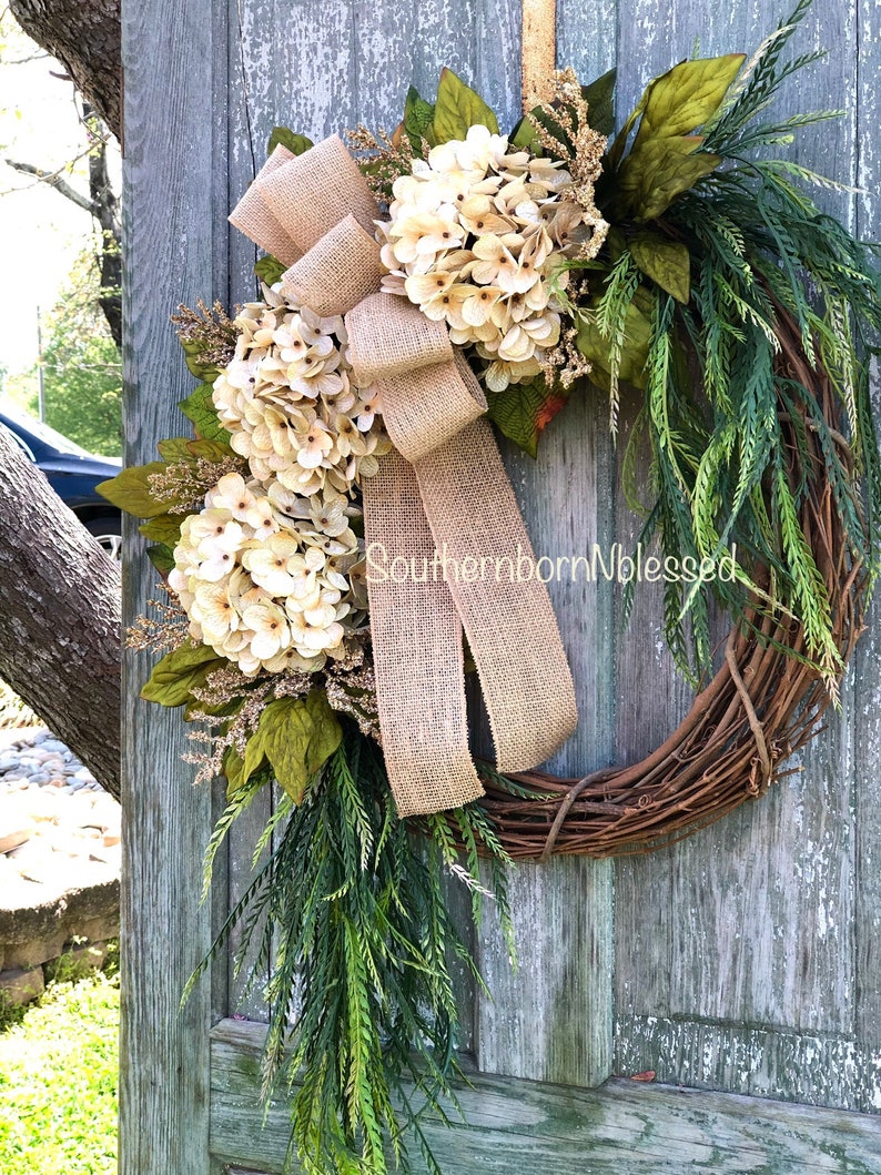 Brand New Farmhouse Wreath, Cream Hydrangea Wreath, All Season Wreath, Spring Wreath, Rustic Home Decor, Summer Wreath image 4