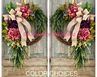 Double Door Hydrangea Wreaths For Front Door With Color Choices, For Summer And All Seasons, Country Farmhouse, Wreath With Bow, Shabby Chic