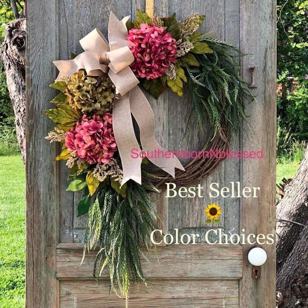 Farmhouse Hydrangea Wreath, All Season Rustic Decor, Shabby Chic,